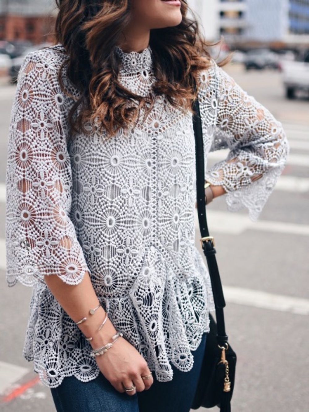 Chicwish Crochet Lace Peplum Blouse Mock Neck Romantic Boho Top Small